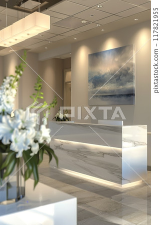 Stylish clinic reception area with a contemporary design, featuring a marble desk, soft ambient lighting 117821955