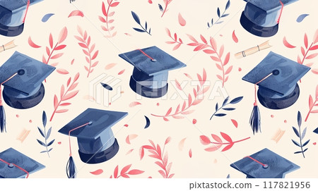 Seamless pattern of graduation caps with tassels, diplomas, and decorative leaves on a light background. 117821956