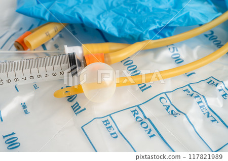 Foley urinary catheter with urine bag for disability or patient in hospital. 117821989