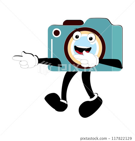 Camera Retro Mascot Character cartoon, camera mascot is smiling and with thumbs up. Vector hand drawn illustration 117822129