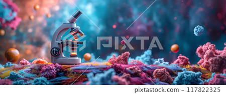 Microscope on Colorful Abstract Background with Scientific Elements Microscope on Colorful Abstract Background with Scientific Elements 117822325