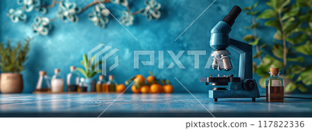 Blue Microscope in a Bright Room with Botanical Decor 117822336