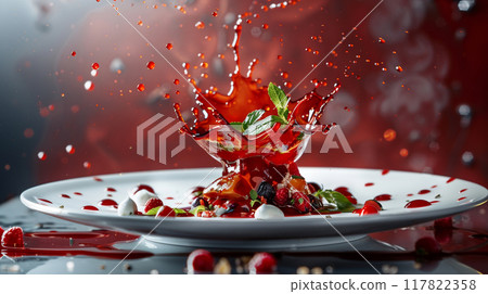 Splashing Red Sauce in Gourmet Presentation 117822358