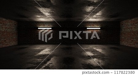 Two fluorescent lights illuminating empty brick garage 3d render illustration Two fluorescent lights illuminating empty brick garage 3d render illustration 117822380