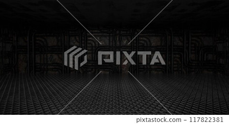 Dark industrial room with metal grating floor and pipes 3d render illustration 117822381