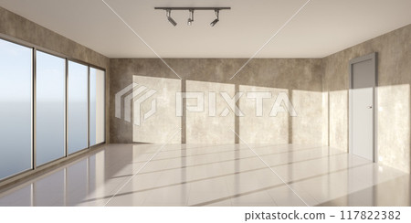 Empty modern room with large windows and concrete walls during daytime 3d render illustration 117822382
