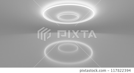 White ceiling mounted light fixture reflecting on glossy floor 3d render illustration 117822394