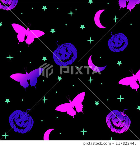 Halloween Vector Seamless Pattern with Cute Cartoon Pumpkins, Moons, Stars, Moths on Black Background. Vector illustration 117822443