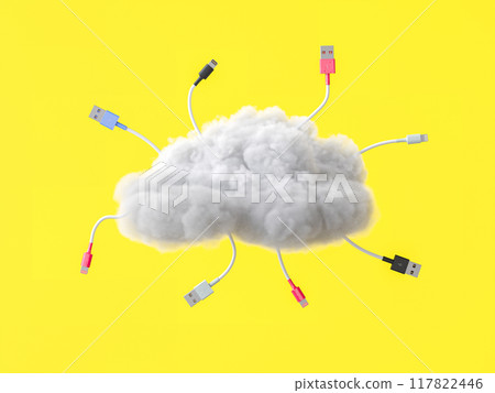 Multiple usb cables connecting to a cloud on yellow background 117822446