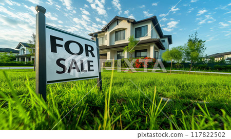 Modern Luxury Home For Sale. FOR SALE sign stands on green lawn and signaling high-end real estate opportunity 117822502