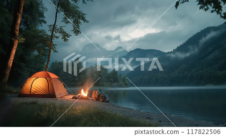 Lakeside campsite at dusk with glowing tent and crackling fire under twilight sky 117822506