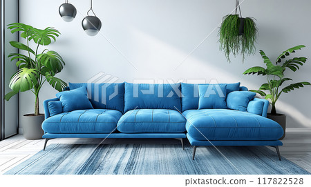 Luxurious blue sofa in Modern Living Space on empty concrete wall background 117822528
