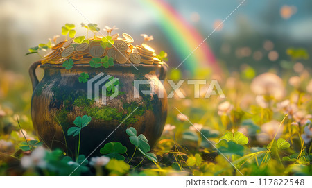 Leprechaun pot with gold coins on clover meadow with rainbow. St. Patrick's day Leprechaun pot with gold coins on clover meadow with rainbow. St. Patrick's day 117822548