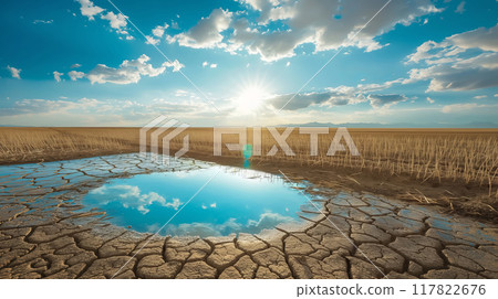 Puddle of water in parched field with cracked soil. Drought, climate change, fresh water shortage and fertile land concept 117822676
