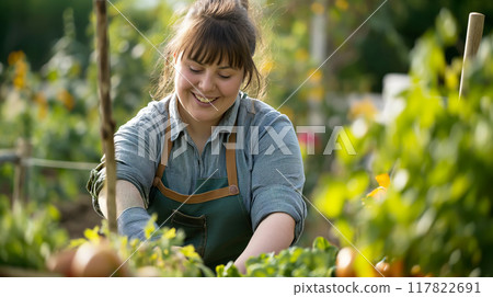 Smiling young woman with down syndrome grows young plants in a greenhouse 117822691