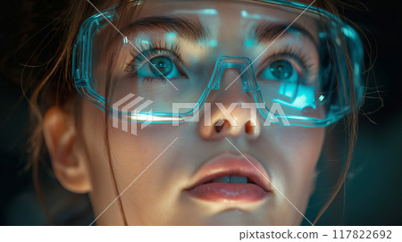 Futuristic Portrait of Woman Wearing High-Tech Eyewear Futuristic Portrait of Woman Wearing High-Tech Eyewear 117822692