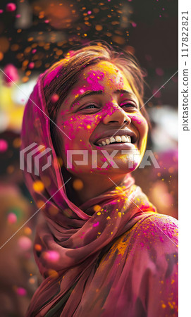 Happy Young Indian woman with pink Holi powder smiling surrounded by paint particles 117822821
