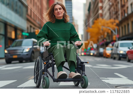 Woman navigating wheelchair in city 117822885