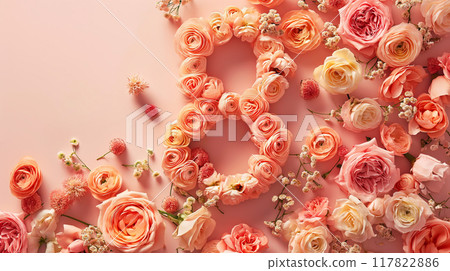 Number eight made from flowers on pink background. International Women's Day 117822886