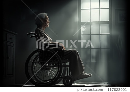 Elderly disabled looking out a dusty window 117822901