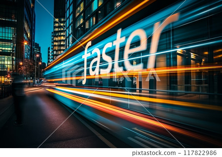 Cityscape with neon faster sign and motion 117822986