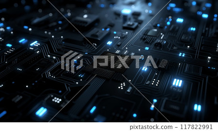 Detailed dark microcircuit board with blue lighting 117822991