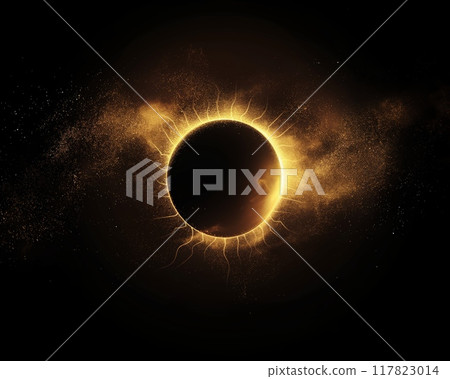 Spectacular glowing gold halo around dark circle 117823014