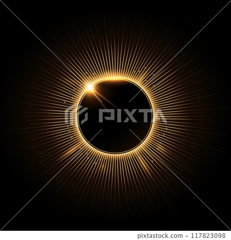 Abstract solar eclipse with radiant gold beams 117823098