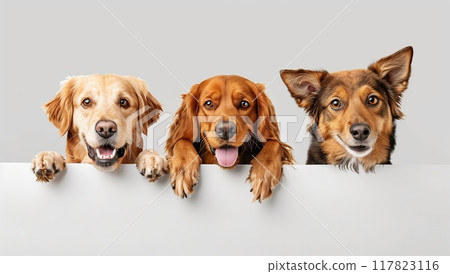 Three dogs peeking over the edge of an empty white banner, isolated on a light grey background with copy space. 117823116