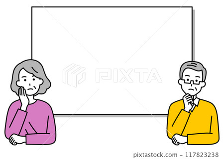 An elderly couple thinking in front of a whiteboard An elderly couple thinking in front of a whiteboard 117823238