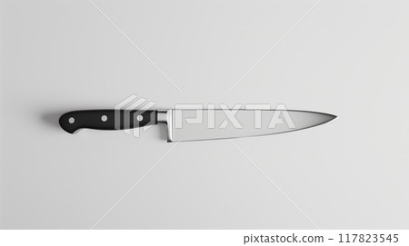 Modern kitchen knife with natural wood handle, isolated on a simple background, ideal for kitchenware branding 117823545