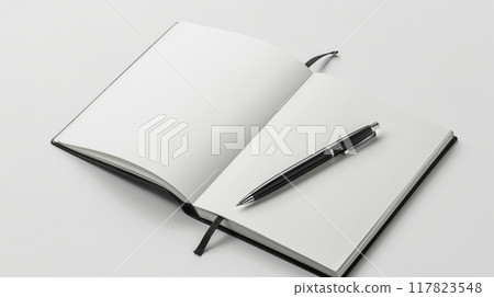 Classic dark notebook with fabric bookmark, black pen, isolated on white, ideal for note-taking and journaling Classic dark notebook with fabric bookmark, black pen, isolated on white, ideal for note-taking and journaling 117823548