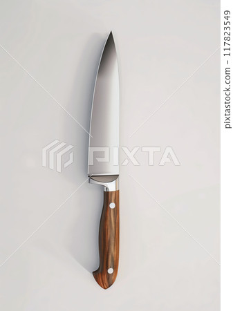 Sharp kitchen knife with wooden handle, isolated on white background, perfect for culinary tools and kitchenware 117823549