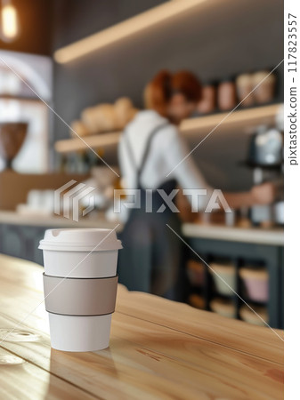 Disposable coffee cup on wooden table in cozy cafe with blurred background, perfect for branding and mockup designs 117823557