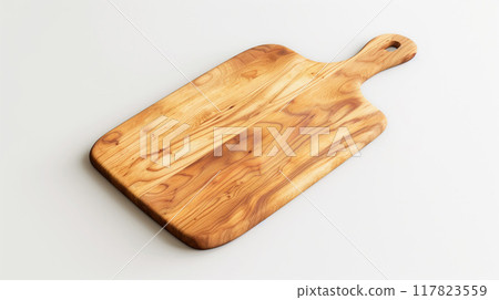 Traditional wood cutting board with handle, perfect for rustic kitchen settings and food styling 117823559
