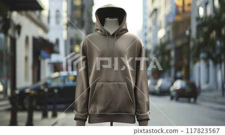 Stylish beige hoodie on a mannequin, displayed outdoors in an urban setting, perfect for fashion and apparel mockups 117823567