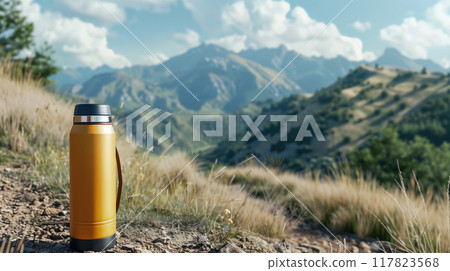 Yellow thermos on a rocky trail surrounded by mountain scenery, perfect for hiking, camping, and outdoor gear marketing 117823568