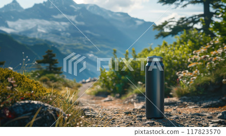 Silver thermos in a picturesque mountain setting, ideal for outdoor adventures, travel, and nature photography Silver thermos in a picturesque mountain setting, ideal for outdoor adventures, travel, and nature photography 117823570
