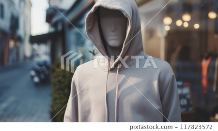 Urban fashion hoodie on a mannequin, set against a cityscape backdrop, perfect for apparel design and marketing 117823572