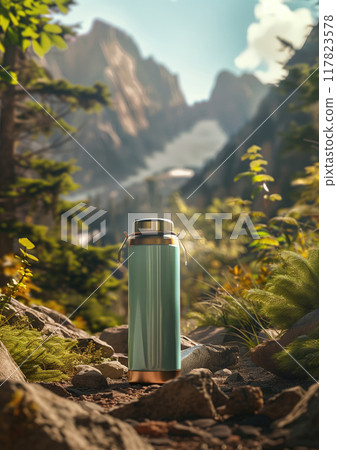 Light green stainless steel thermos on a trail with breathtaking mountain views, perfect for outdoor lifestyle and adventure branding 117823578