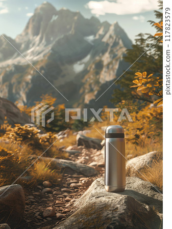 Stainless thermos bottle in a mountain setting, ideal for outdoor adventures, hiking, and camping gear showcases 117823579