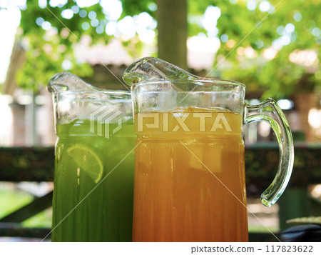 Refreshing cold lemonade in a carafe. freshly made lemonade 117823622