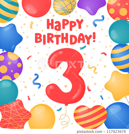 Happy Birthday 2 years card design. Second Birthday celebration. Vector illustration. Bday greeting card template. Helium balloons, confetti, number two and text. Fun colorful postcard, party objects Happy Birthday 2 years card design. Second Birthday celebration. Vector illustration. Bday greeting card template. Helium balloons, confetti, number two and text. Fun colorful postcard, party objects 117823678