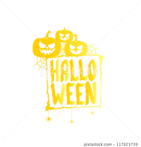 Happy Halloween text Banner or label. Vector halloween calligraphic text label with scary pumpkin isolated on white background. Halloween banner design template Happy Halloween text Banner or label. Vector halloween calligraphic text label with scary pumpkin isolated on white background. Halloween banner design template 117823739