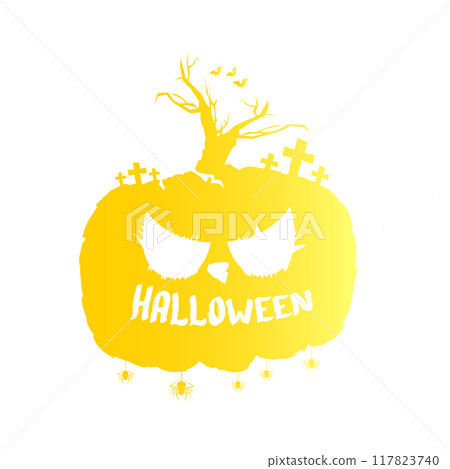 Happy Halloween text Banner or label. Vector halloween calligraphic text label with scary pumpkin isolated on white background. Halloween banner design template Happy Halloween text Banner or label. Vector halloween calligraphic text label with scary pumpkin isolated on white background. Halloween banner design template 117823740