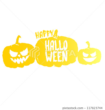 Happy Halloween text Banner or label. Vector halloween calligraphic text label with scary pumpkin isolated on white background. Halloween banner design template 117823744
