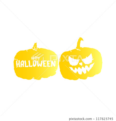 Happy Halloween text Banner or label. Vector halloween calligraphic text label with scary pumpkin isolated on white background. Halloween banner design template 117823745