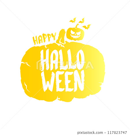 Happy Halloween text Banner or label. Vector halloween calligraphic text label with scary pumpkin isolated on white background. Halloween banner design template Happy Halloween text Banner or label. Vector halloween calligraphic text label with scary pumpkin isolated on white background. Halloween banner design template 117823747