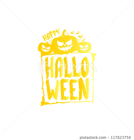 Happy Halloween text Banner or label. Vector halloween calligraphic text label with scary pumpkin isolated on white background. Halloween banner design template 117823750