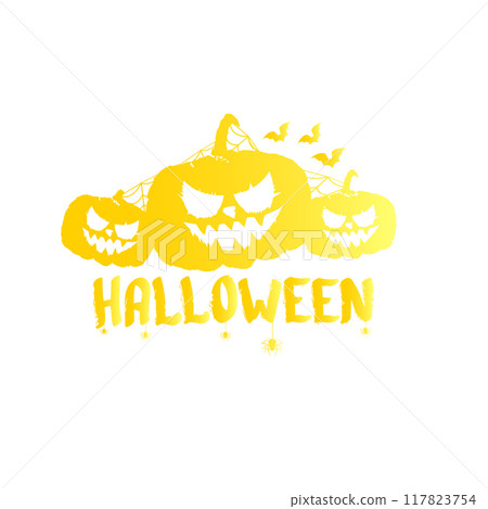 Happy Halloween text Banner or label. Vector halloween calligraphic text label with scary pumpkin isolated on white background. Halloween banner design template Happy Halloween text Banner or label. Vector halloween calligraphic text label with scary pumpkin isolated on white background. Halloween banner design template 117823754